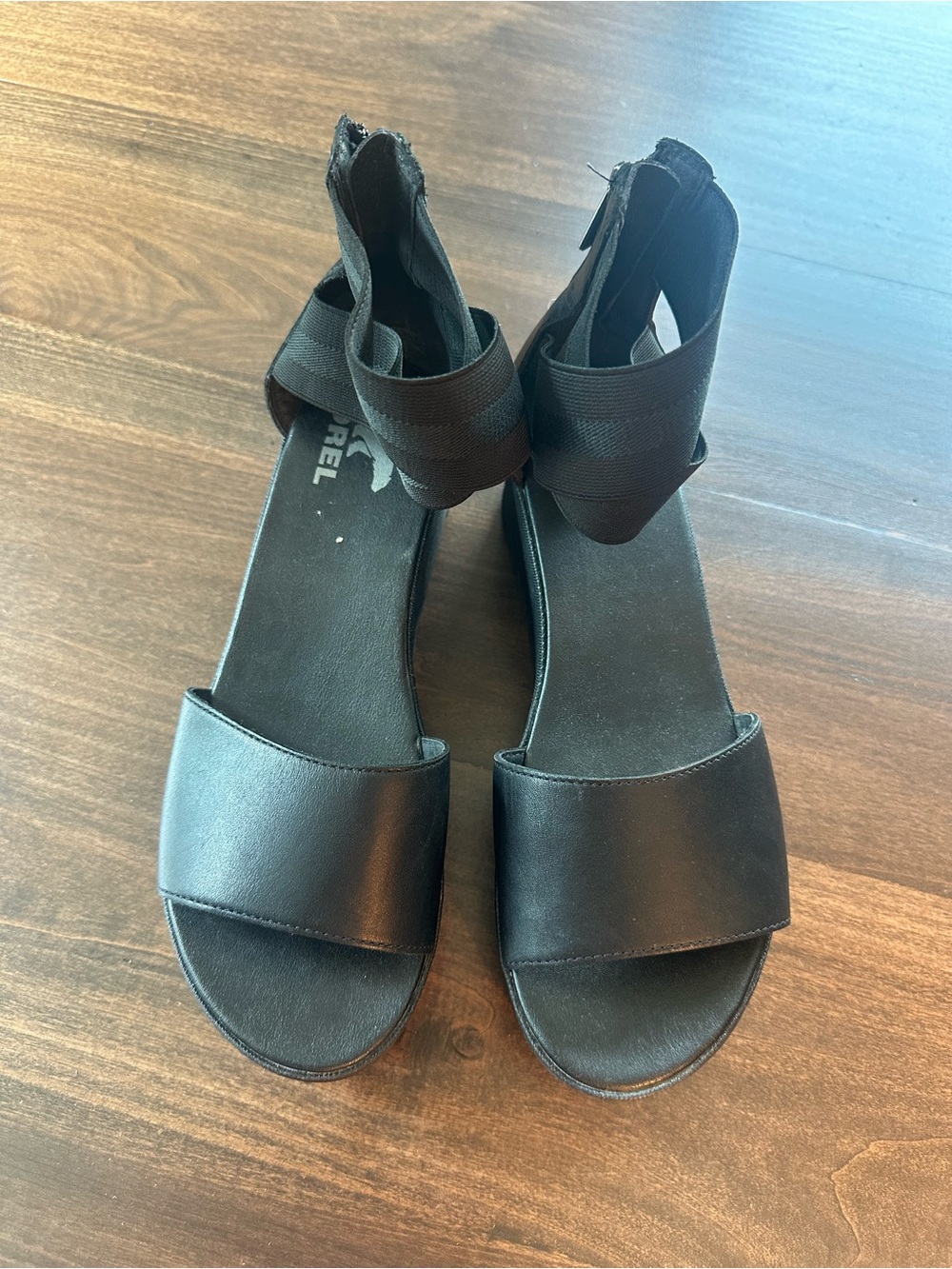 Sorel Black Platform Wedge Sandals with Elastic Ankle Straps - Picture 2 of 6